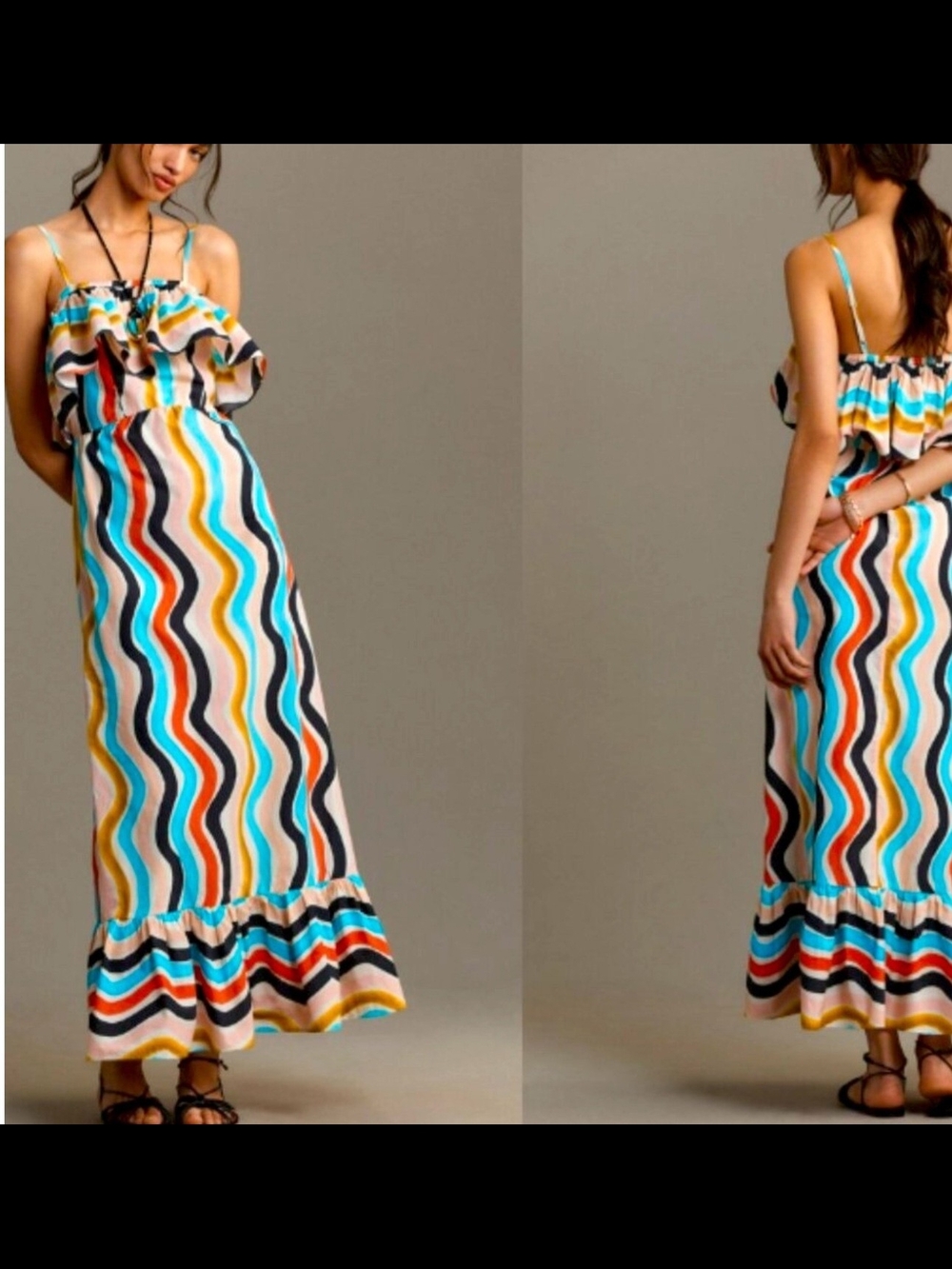 FARM RIO X ANTHROPOLOGIE Watercolor Stripe Ruffle Maxi Dress Size S